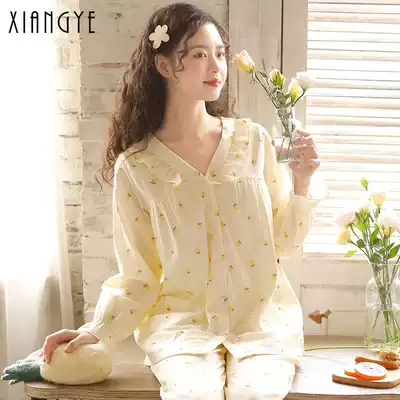 Nightdress women cotton spring and autumn summer thin large size girl cotton gauze pregnant women's pajamas floral long sleeve loose