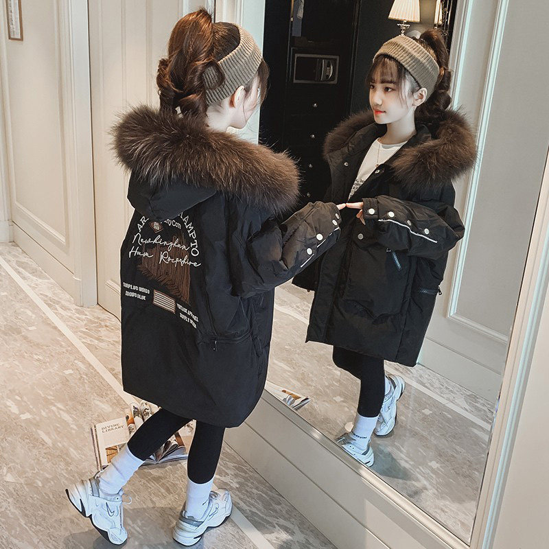 Medium-long version girl with hat jacket autumn winter 2022 new foreign pie CUHK child plus suede thickened trendy down cotton clothing