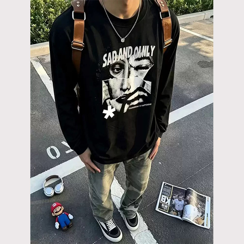 American High Street Style Heavyweight Long-Sleeve T-Shirt for Men, 2026 New Spring Loose-Fit Pure Cotton Base Layer Shirt, Cool and Stylish Top