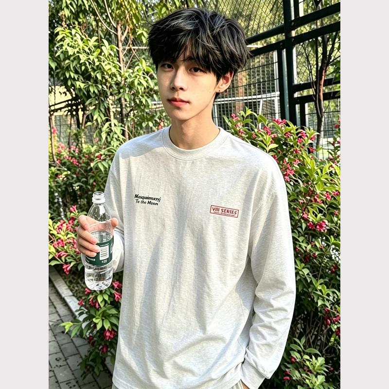 Trendy American-Style Pure Cotton Regular Shoulder Long-Sleeve T-Shirt for Men, New Spring and Autumn Model, Youth Base Layer Gray Top Trendy American-Style Pure Cotton Regular Shoulder Long-Sleeve T-Shirt for Men, New Spring and Autumn Model, Youth Base Layer Gray Top