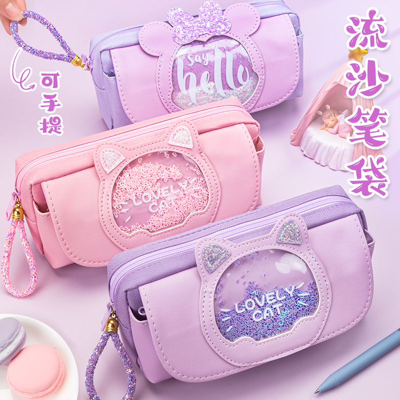 Pen Bag Elementary School Children's Pencil Case Cute Teenage Girl Hearts Ins Tide Girls Stationery Middle School Students Kindergarten Girls Lead Pencil Case Brief Large Capacity Net Red Streaming Sand Pen Bags Beginners Stationery Bags
