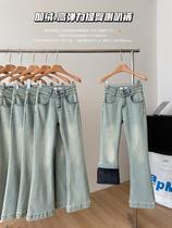 Light Blue High Waist High Slung Horn Pants 2023 Winter Plus Suede Thickened Micro-Ladenim Pants Woman Slim Fit Slim