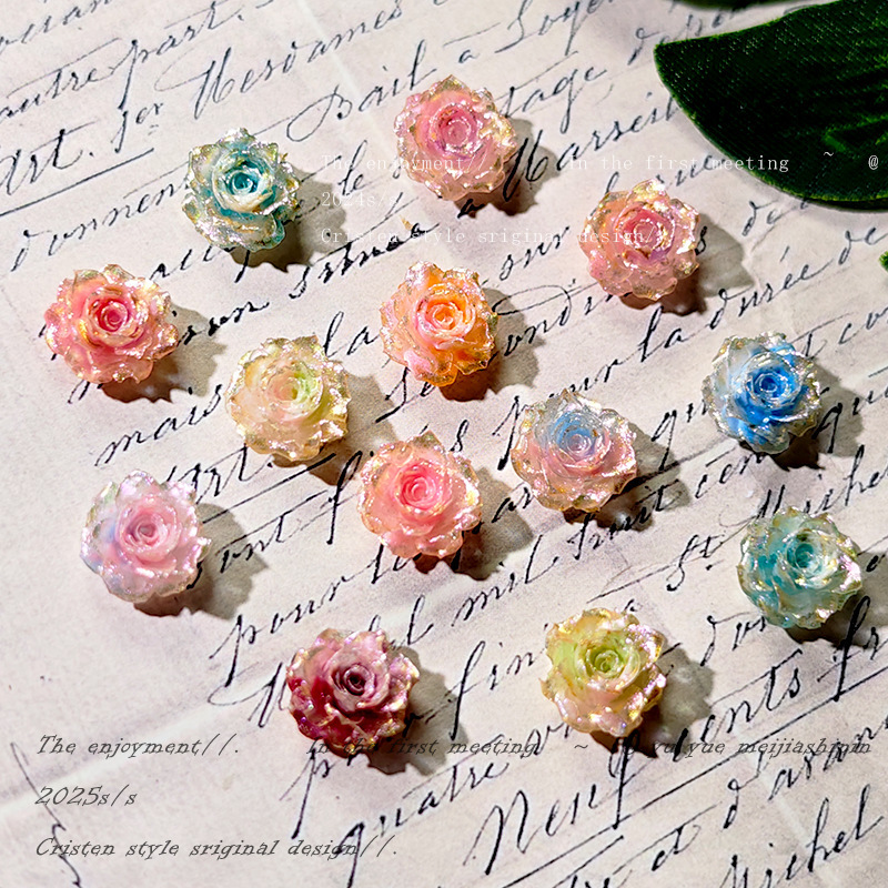 Popular Glowing Gold True Love Rose Nail Art Accessories Two-Tone Fine Glitter Internet Celebrity Style DIY Bracelet Luminous Accessories