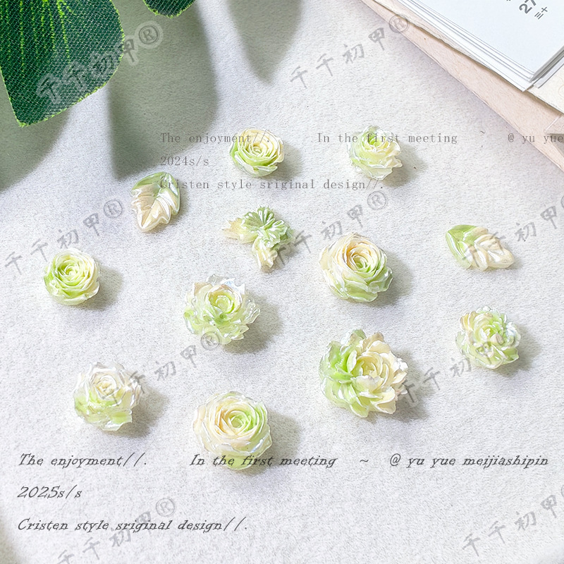 Pearlescent ins Wind Yellow-Green Rose Flower Nail Art Decorations Luminous Butterfly Decorations Soft Flower DIY Nail Art Accessories