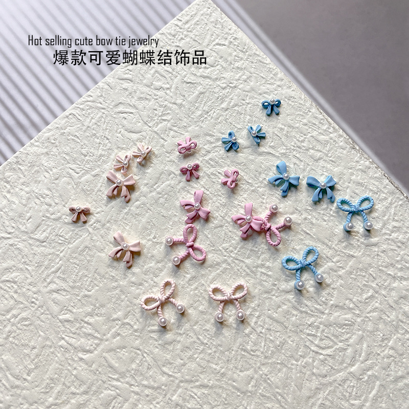 Cute Macaron Color Pearl Butterfly Combined with Gold Nail Art Accessories Spray Paint Streamer Bow Tie DIY Nail Rhinestone Decoration J