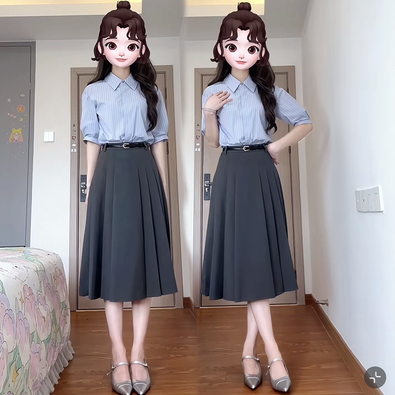 Blue Striped Shirt for Women, Summer Outfit, Complete Set of Professional Formal Attire, Civil Servant Outfit, Teaching Interview Suit Blue Striped Shirt for Women, Summer Outfit, Complete Set of Professional Formal Attire, Civil Servant Outfit, Teaching Interview Suit