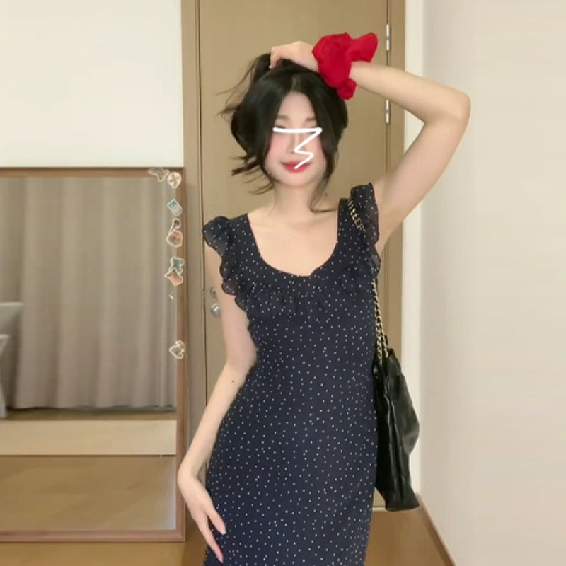 Tea Break French Ruffled Small Flying Sleeves Polka Dot Dress for Women Summer Tall Seaside Vacation Suspender Long Dress Tea Break French Ruffled Small Flying Sleeves Polka Dot Dress for Women Summer Tall Seaside Vacation Suspender Long Dress