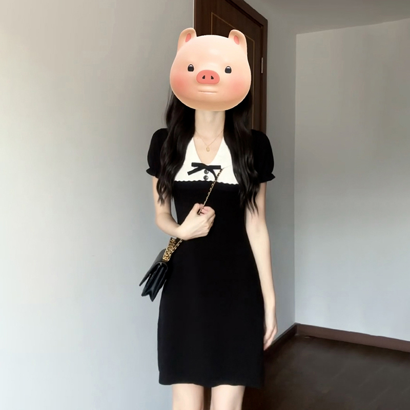 Petite Black Doll Collar Puff Sleeve Dress for Women, Summer 2026 New Style, Waist-Cinching Short Dress with Unique Design