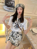 Past Edition Ych White Letters Angel Printed Short Sleeve T-Shirt Woman Summer Fashion High Purse Hip Half Body Skirt Suit