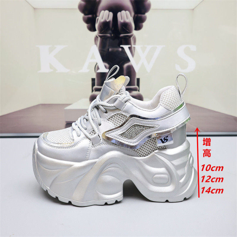 Women's Height-Increasing Dad Shoes with 14cm Platform and 12cm Thick Sole, Breathable Mesh Sneakers for Petite Women, Casual White Shoes 10