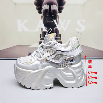 Women's Height-Increasing Dad Shoes with 14cm Platform and 12cm Thick Sole, Breathable Mesh Sneakers for Petite Women, Casual White Shoes 10