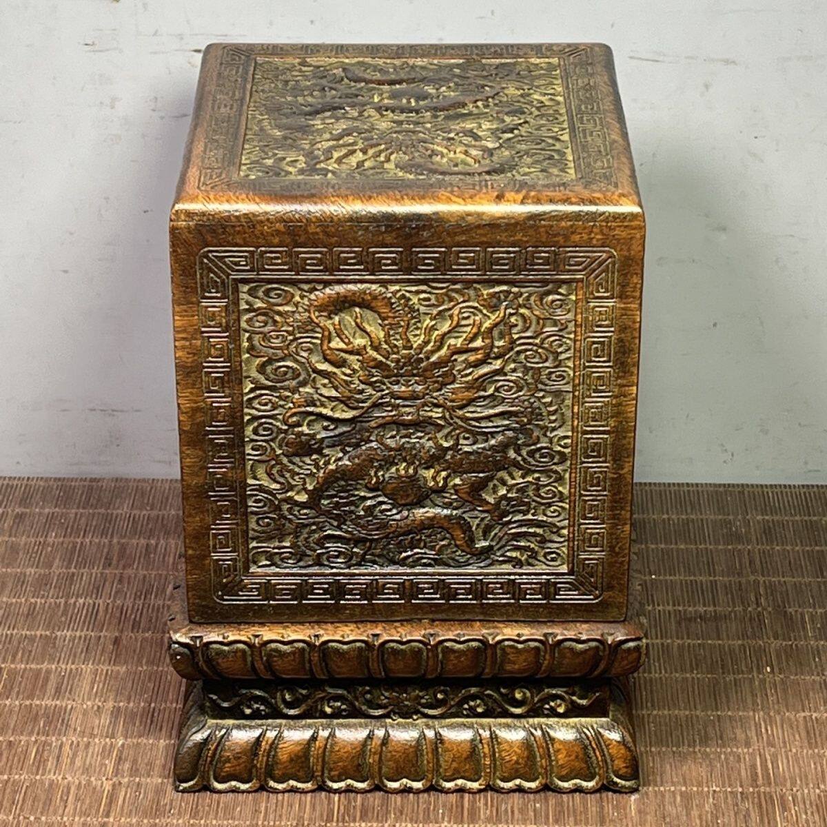 花梨木雕刻祥龙戏珠印章盒实木方形扣盖盒子14x14x19cm木雕收藏评价- 淘宝网