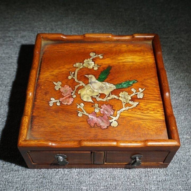 花梨木製 細密彫 貝殼嵌 彩繪 喜上眉梢紋 首飾盒 置物 賞物