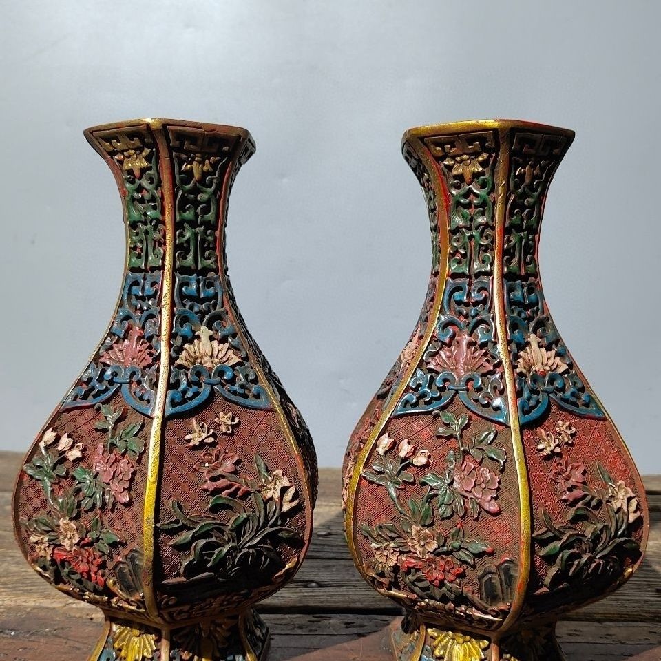 旧藏清代剔红漆器瓶一对纯手工漆器彩绘《富贵花》花瓶摆件一对评价- 淘宝网
