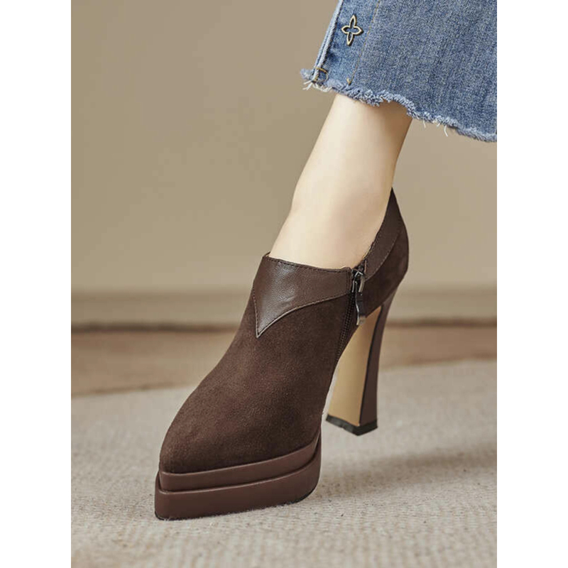 Short Boots for Women, Ankle Boots, Waterproof Platform High Heels, New Spring and Autumn Styles, Chunky Heels, Thick Soles, Pointed Toe, Deep-Cut Single Shoes, Small Leather Shoes for Women