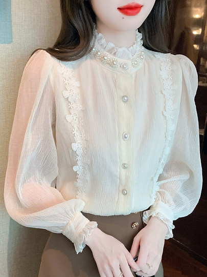 法式宫廷风雪纺衬衫女2025秋季新款小香风内搭打底衫长袖蕾丝上衣