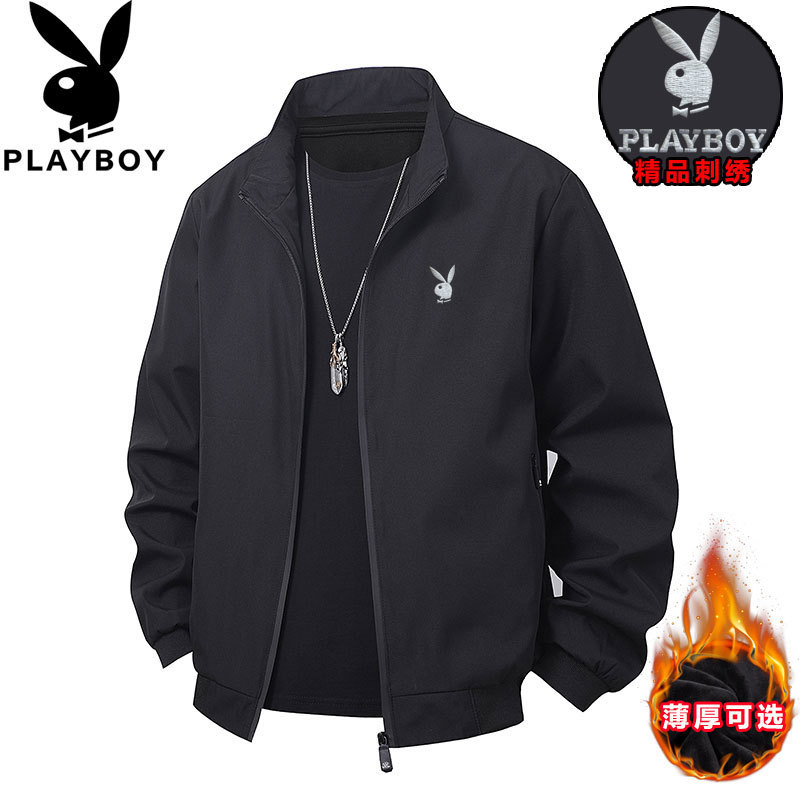 Playboy Spring and Autumn New Versatile Fleece-Lined Jacket Men's Stand-Up Collar Fashionable Black Jacket Trendy Top