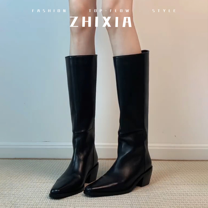 Cowhide Version ~ Retro Pointed-Toe High-Top Knight Boots, Chunky Heel Long Boots for Women, Over-The-Knee Boots, Straight High-Heeled Long Boots