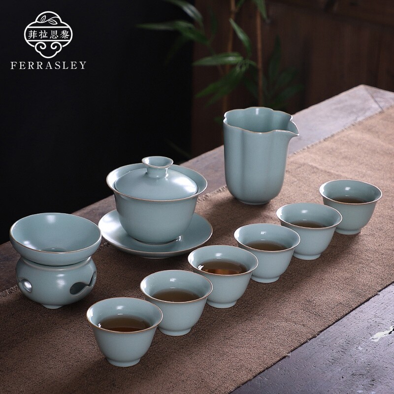 Ru Kiln Kung Fu Tea Set For Home Suit Tianqing Ru Porcelain Open Sheet Retro Three Only Cover Bowl Teapot Tea Cup Whole Gift Box