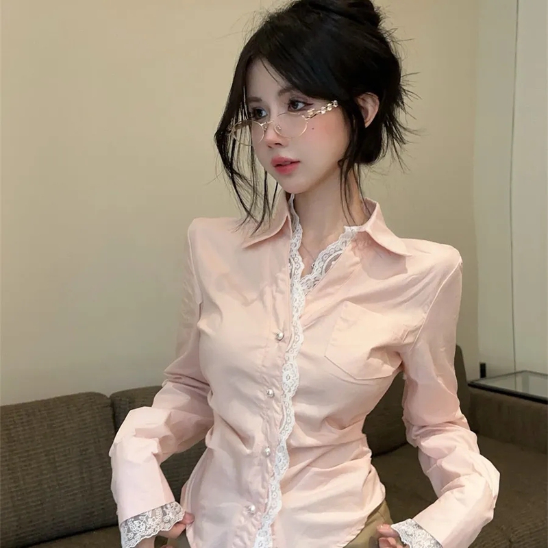 French-Style Hollow Lace Polo Collar Shirt for Women, Elegant Waist-Cinching Slimming Shirt, Autumn High-End Long-Sleeve Top French-Style Hollow Lace Polo Collar Shirt for Women, Elegant Waist-Cinching Slimming Shirt, Autumn High-End Long-Sleeve Top