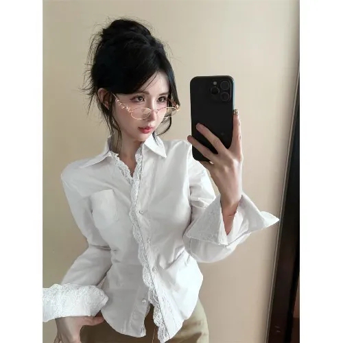 Hollow Lace Polo Collar Shirt for Women, Elegant Waist-Cinching Slimming Shirt, Autumn High-End Long-Sleeved Top Hollow Lace Polo Collar Shirt for Women, Elegant Waist-Cinching Slimming Shirt, Autumn High-End Long-Sleeved Top