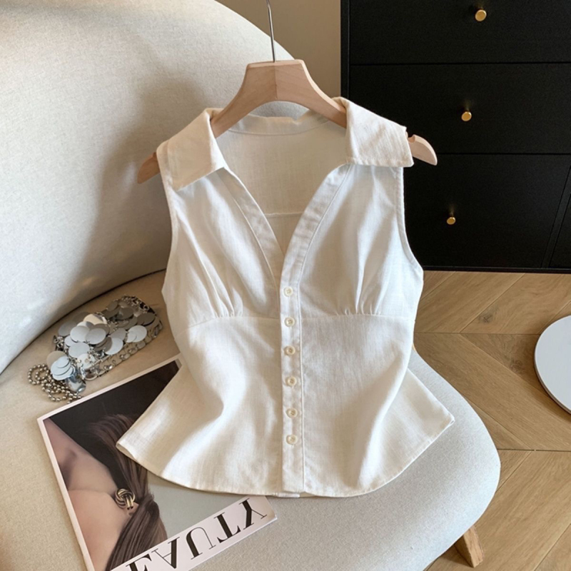 Korean Style Commuter Style V Neck Sleeveless Versatile Shirt for Women Summer French Style Elegant Waist Slimming Vest Top