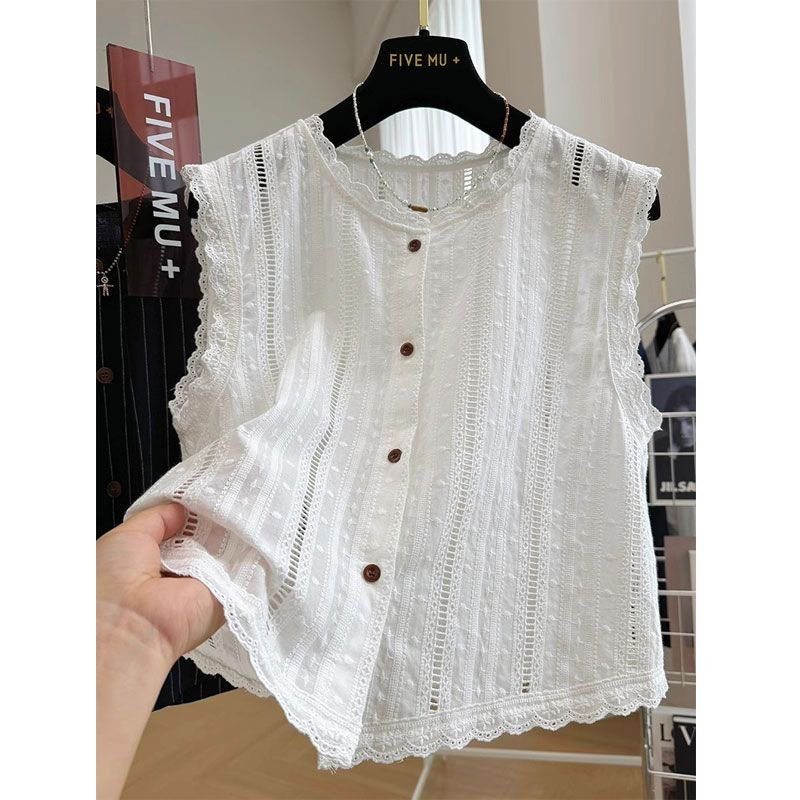 High-End Hollow Lace Outerwear Short Vest for Women, Summer Thin Style, Elegant French Sleeveless Top