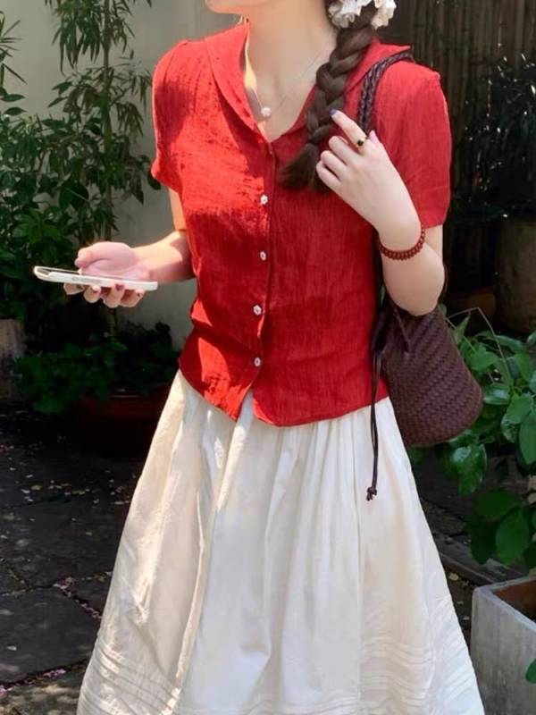 French-Style Top with Red Lapel, Short-Sleeved Shirt for Women, 2026 Hot Style, High-End, Light Luxury, Age-Reducing, Stylish, Plus Size French-Style Top with Red Lapel, Short-Sleeved Shirt for Women, 2026 Hot Style, High-End, Light Luxury, Age-Reducing, Stylish, Plus Size