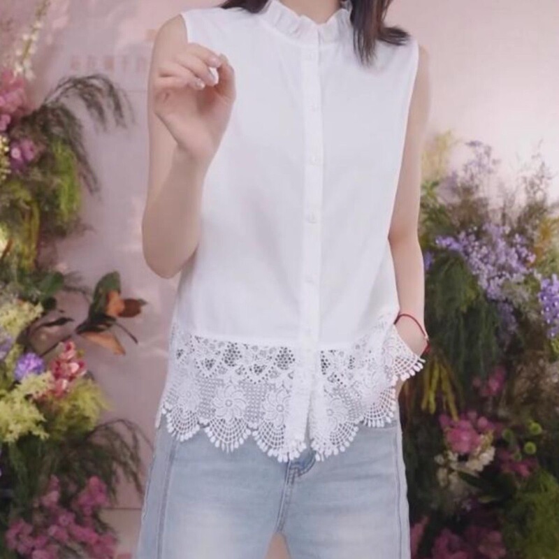 Plus-Size French-Style Ruffled Stand-Collar Layered Shirt for Women, Summer 2026, Lace Trim Sleeveless Base Shirt