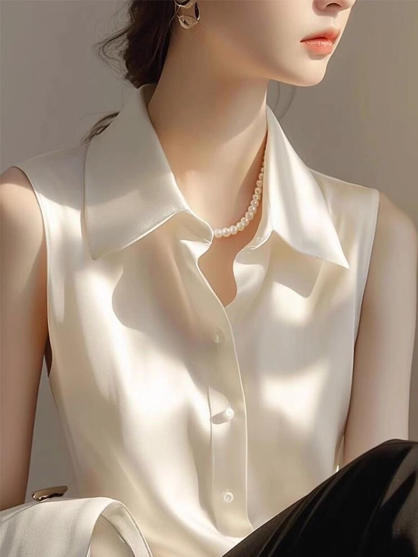 French Gentle Style White Satin Polo Collar Sleeveless Shirt for Women, New Summer Versatile Casual Elegant Small Shirt French Gentle Style White Satin Polo Collar Sleeveless Shirt for Women, New Summer Versatile Casual Elegant Small Shirt