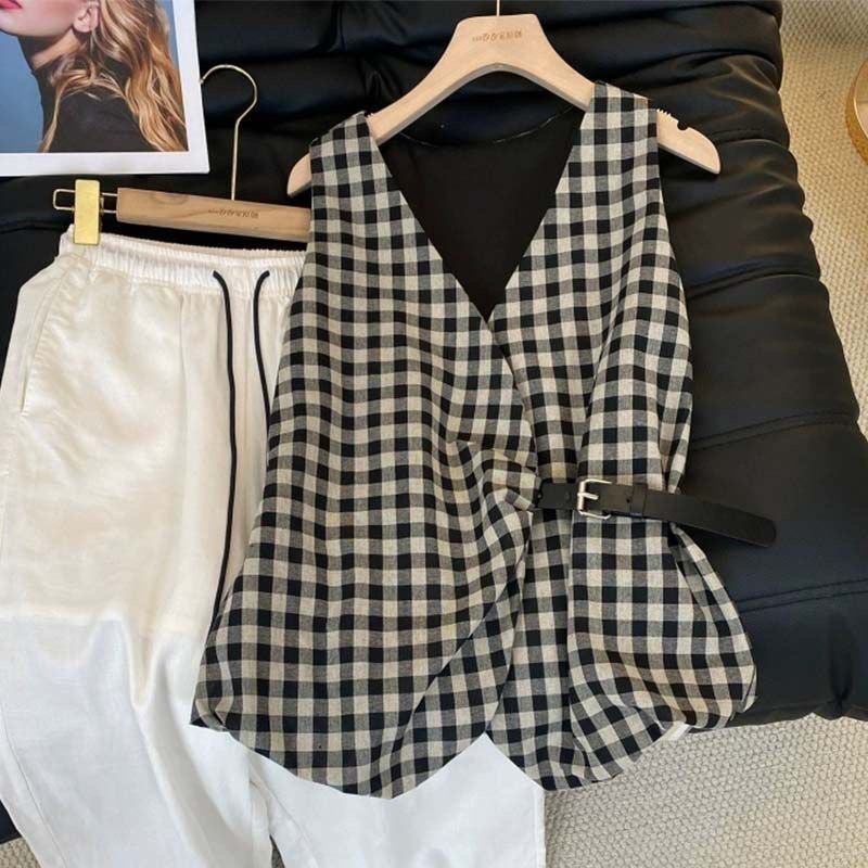 French Retro Style Plaid Design Summer Side-Tie Leather Buckle Waist-Slimming Sleeveless Vest Fashion Shirt Top