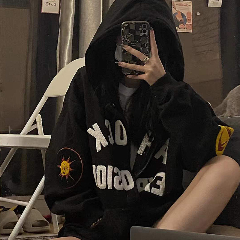 Autumn and winter large size women's winter zipper armbands plus fleece warm cardigan jacket slim tide kangaroo hood hooded sweatshirt