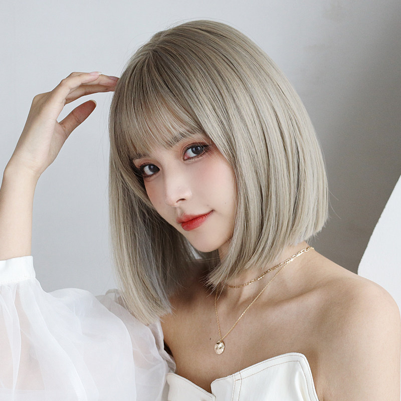 Wig female summer short hair thin section full headgear age-reducing clavicle natural simulation round face wig set gray lolita