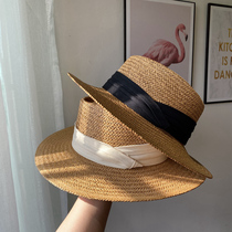 Japanese gp sun hat ins summer outing straw hat British retro wide-brimmed flat top hat beach vacation