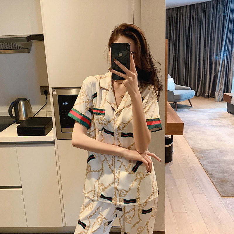 Japan gp pyjamas summer ice wire thin two pieces of long trousers short sleeve couple home suit summer suit