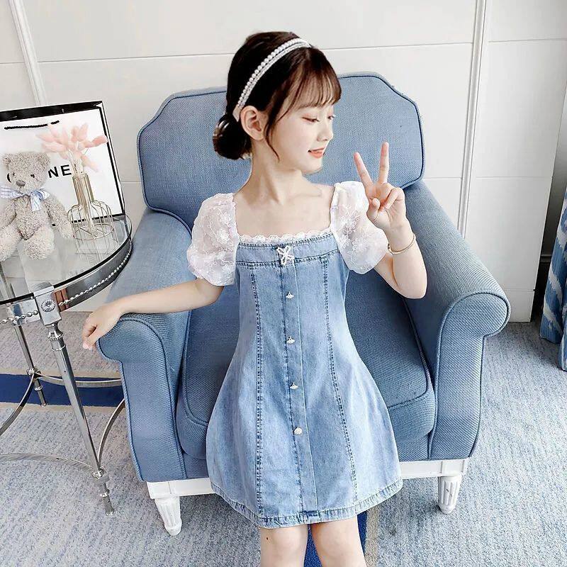 Girls denim skirt summer dress 2021 new foreign style children's dress girl big child princess dress girl summer skirt