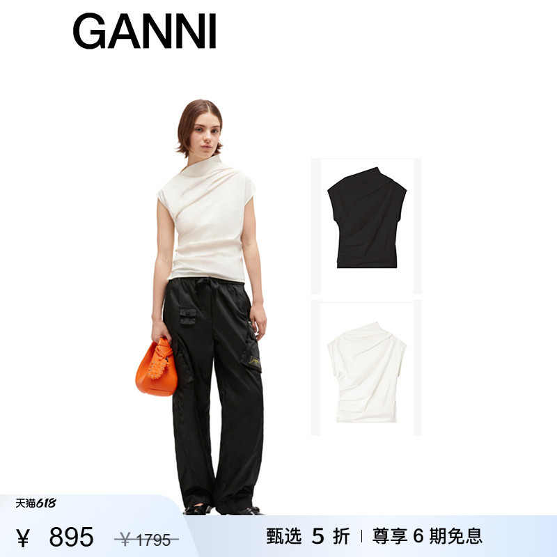[Selected Discount] Ganni Women's Clothing Simple Solid Color High-End Style Asymmetric Ruched Sleeveless Top Shirt