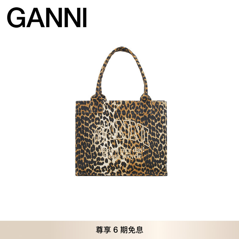 Ganni Women's Bag Leopard Print Logo Printed Large Tote Bag Rectangular Casual Canvas Handbag A5807943