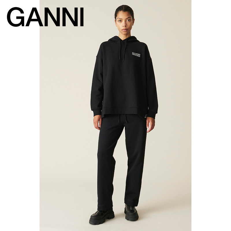 (Unisex) Ganni Black Straight Casual Sports Pants Thin Velvet Sweatpants T2926099