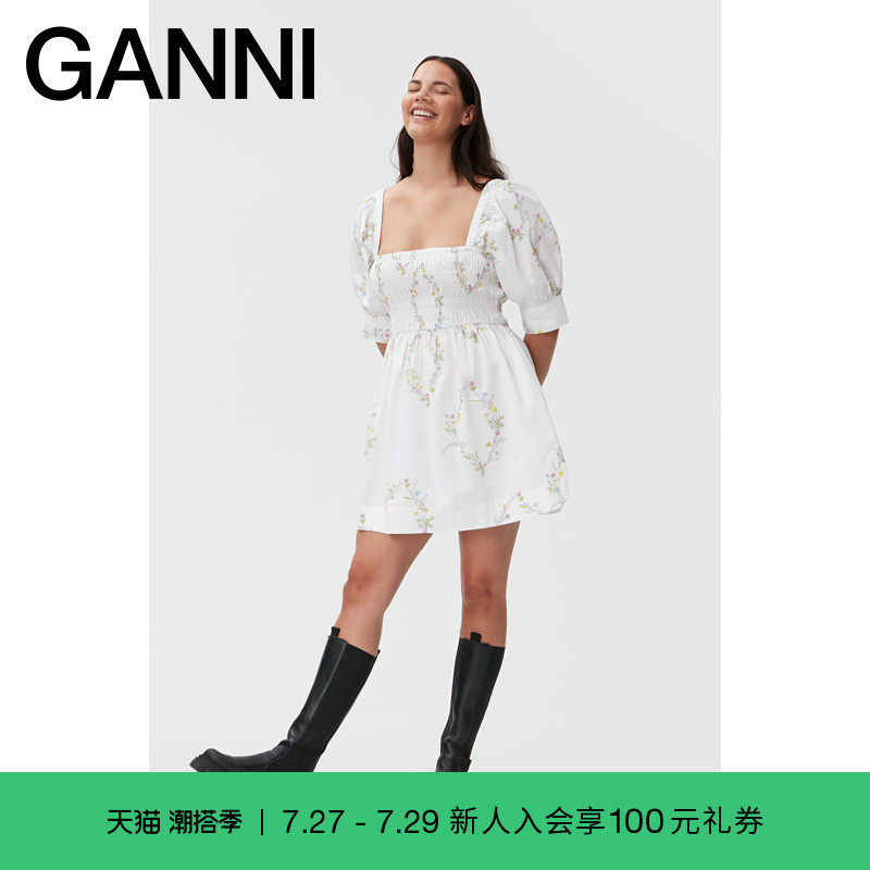 (Same celebrity) Ganni women's new white floral puff sleeve blouse dress F7227287