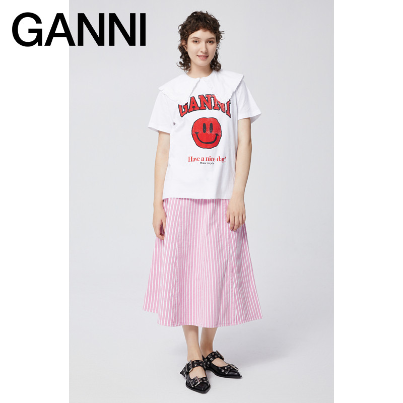 Ganni women's daily good mood smiley pattern white T-shirt round neck short-sleeved top T2833151