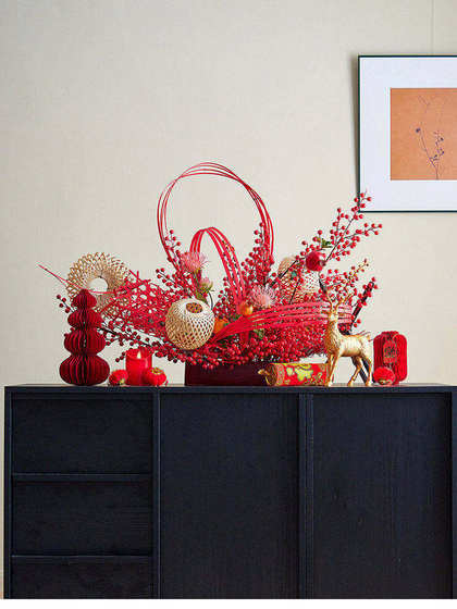 2026 Year of the Horse New Decorative Atmosphere Arrangement Artificial Floral Art Front Desk Table Decorations Shop Festival Blessing Bucket Set