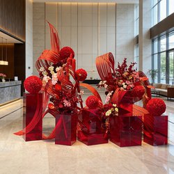 2026 New Year Indoor Decoration Red Artificial Flowers Bamboo Weaving Art Scene Indoor Front Desk Spring Festival Display Ornaments