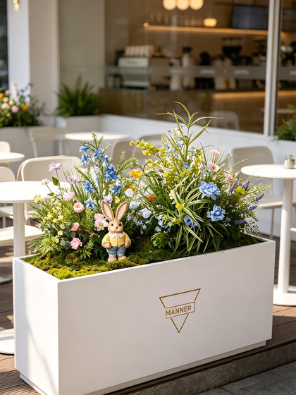 Trendy Restaurant Ambiance Scene Setup with Artificial Greenery, Flower Box Decorations, and Artificial Flower Arrangements
