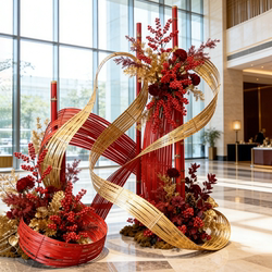 2026 New Year Indoor and Outdoor Lobby Decorations, Red Bamboo Woven Artificial Floral Arrangements, Spring Festival Display Decorations