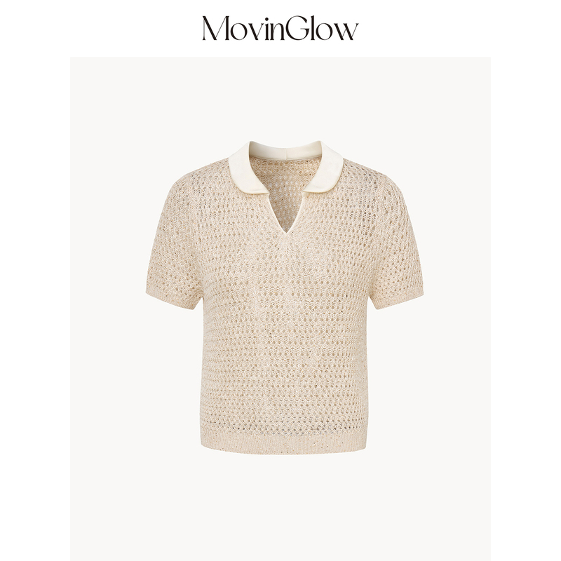 Movinglow｜Cool Evening Glow, Cotton and Linen Double Yarn with Sequin Embellishments, Mulberry Silk Turn-Down Collar Short-Sleeve Top