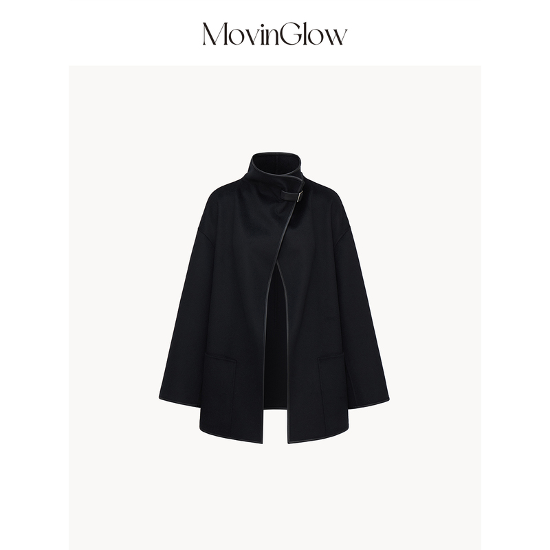 Movinglow｜Black Warrior High-End Cashmere Wool Double-Sided Woolen Coat with Genuine Leather Trim A-Line Silhouette High-Neck Coat