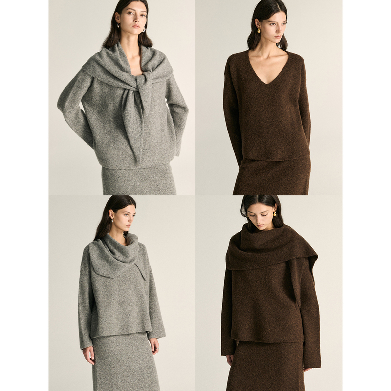 Movinglow｜Warm and Cozy Prelude Fluffy Yak Wool & Lamb Wool Deep V-Neck Sweater & Triangle Scarf Shawl