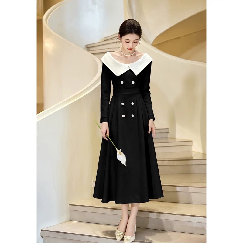 Long-Sleeved Evening Dress, Black, Simple and Elegant, Suitable for Broadcast Hosting, Annual Meetings, Performances, High School Students' Graduation Ceremony, and Coming-Of-Age Ceremony