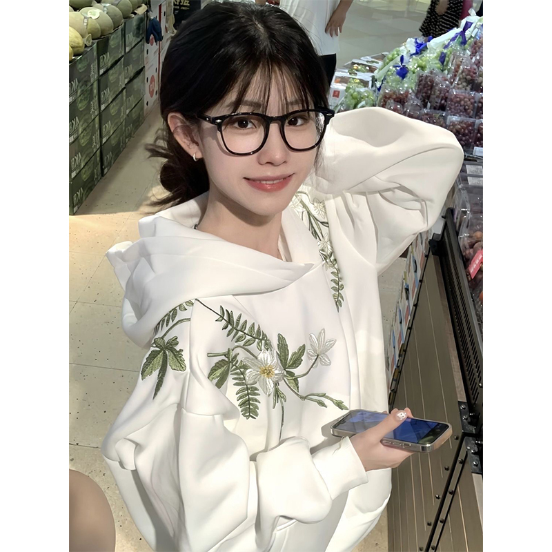 American-Style Floral Embroidered Hooded Sweatshirt for Women, 2025 Autumn and Winter New Korean-Style Lazy Design Niche Jacket